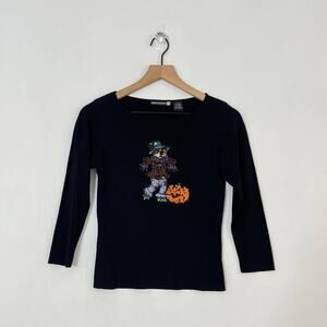 Vintage Sweaterworks Fall Scarecrow and Pumpkin Embellished Sweater Size Sm Y2K